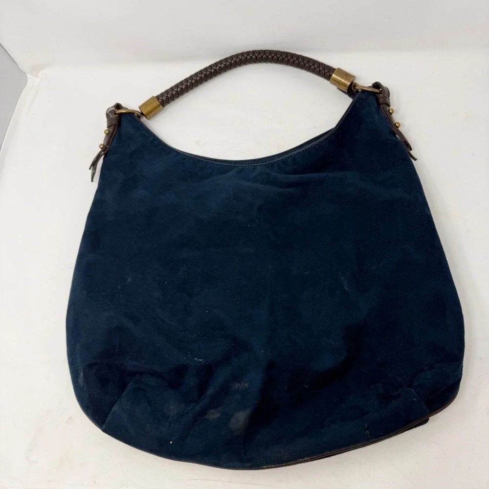 Nine West Navy Blue Faux Suede Hobo Bag Braided Handle Brass Hardware Slouchy - Picture 12 of 12